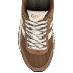 Top view of a brown and white Gola trainer with mesh panelling and white laces