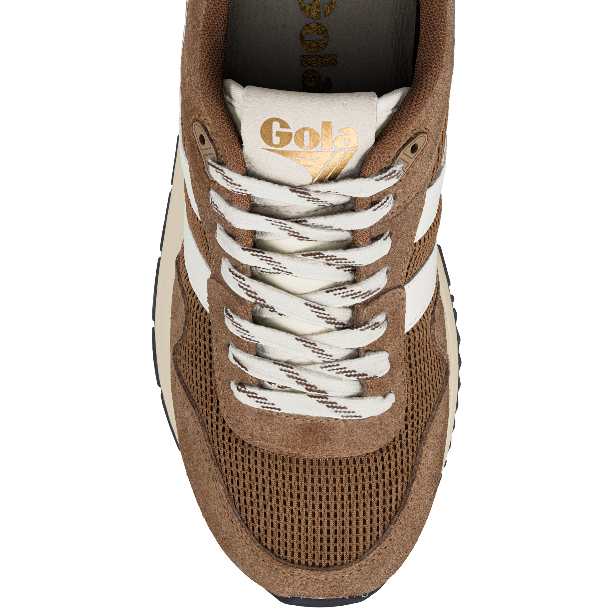 Top view of a brown and white Gola trainer with mesh panelling and white laces