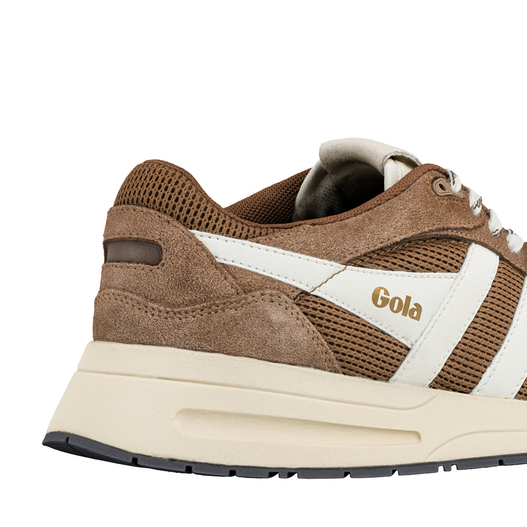 Close up of a brown and white Gola trainer showing the heel and side panel detail
