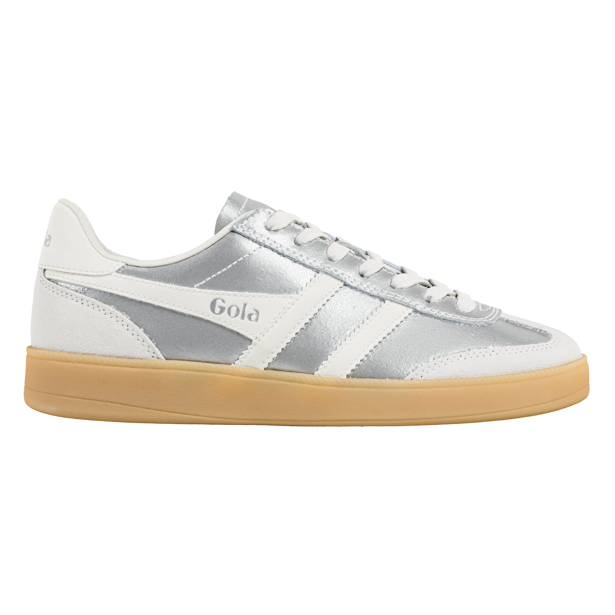 Metallic silver Gola trainer with white trim and gum sole