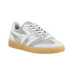 Silver metallic Gola trainer with white trim and gum rubber sole