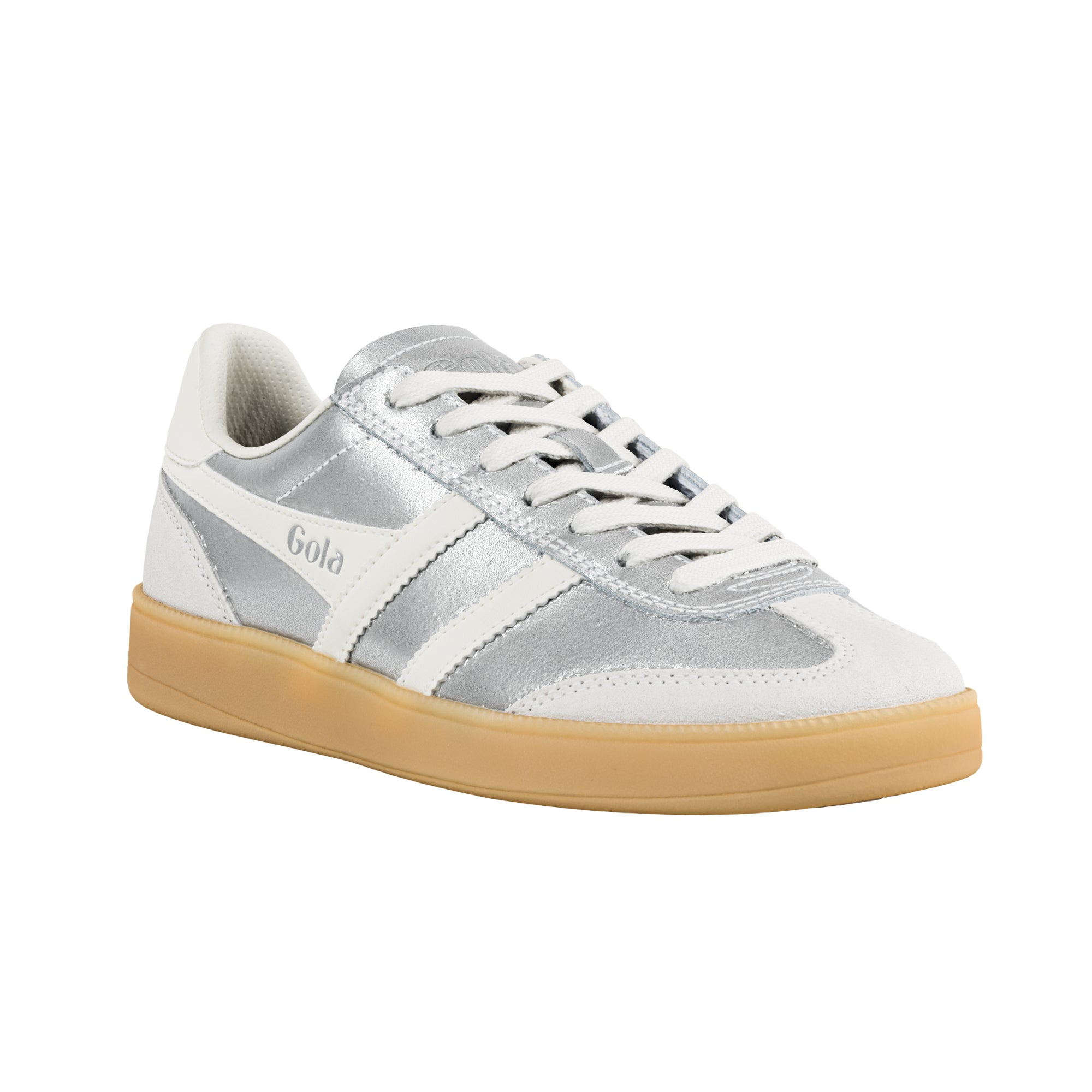 Silver metallic Gola trainer with white trim and gum rubber sole