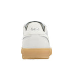 Rear view of a white Gola trainer with a gum rubber sole