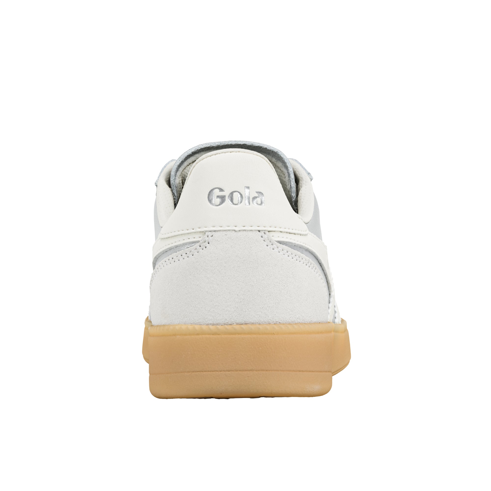 Rear view of a white Gola trainer with a gum rubber sole