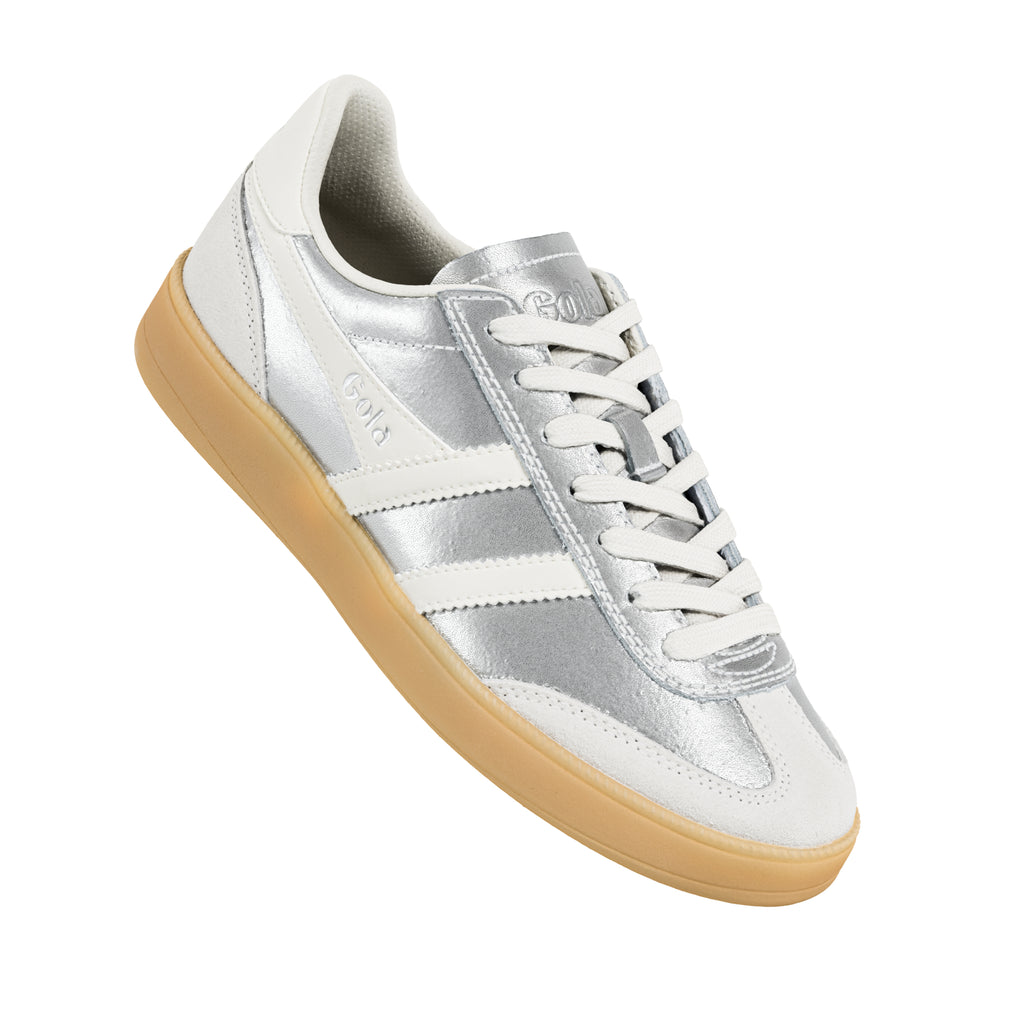 Silver metallic Gola trainer with white stripes and a gum sole