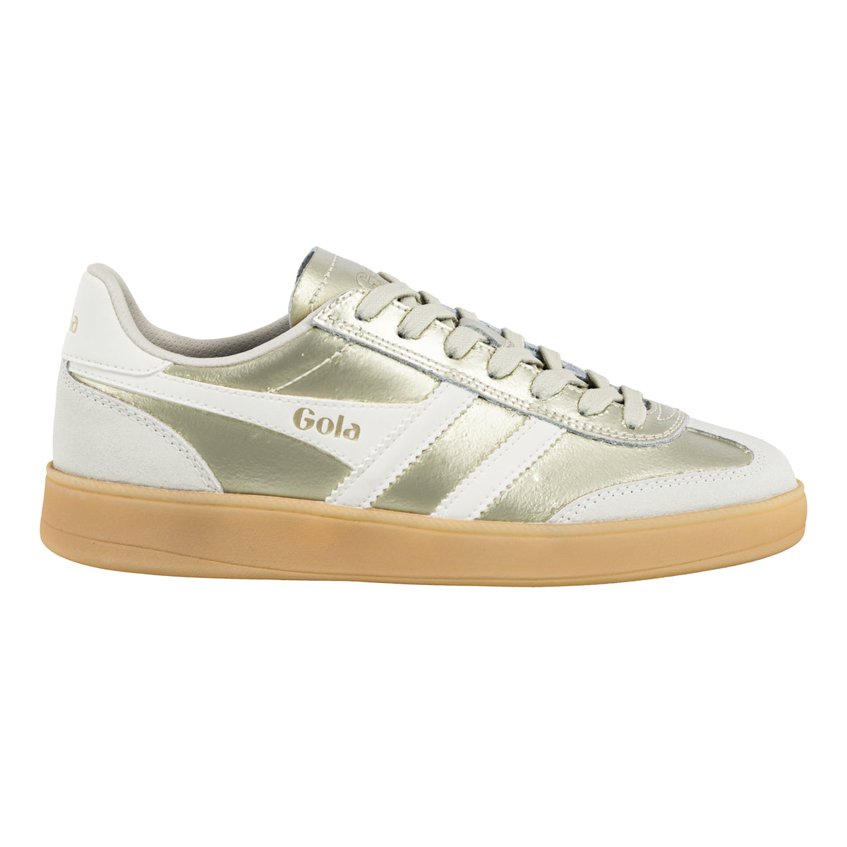 Gola Classics metallic gold and white trainer with a gum rubber sole
