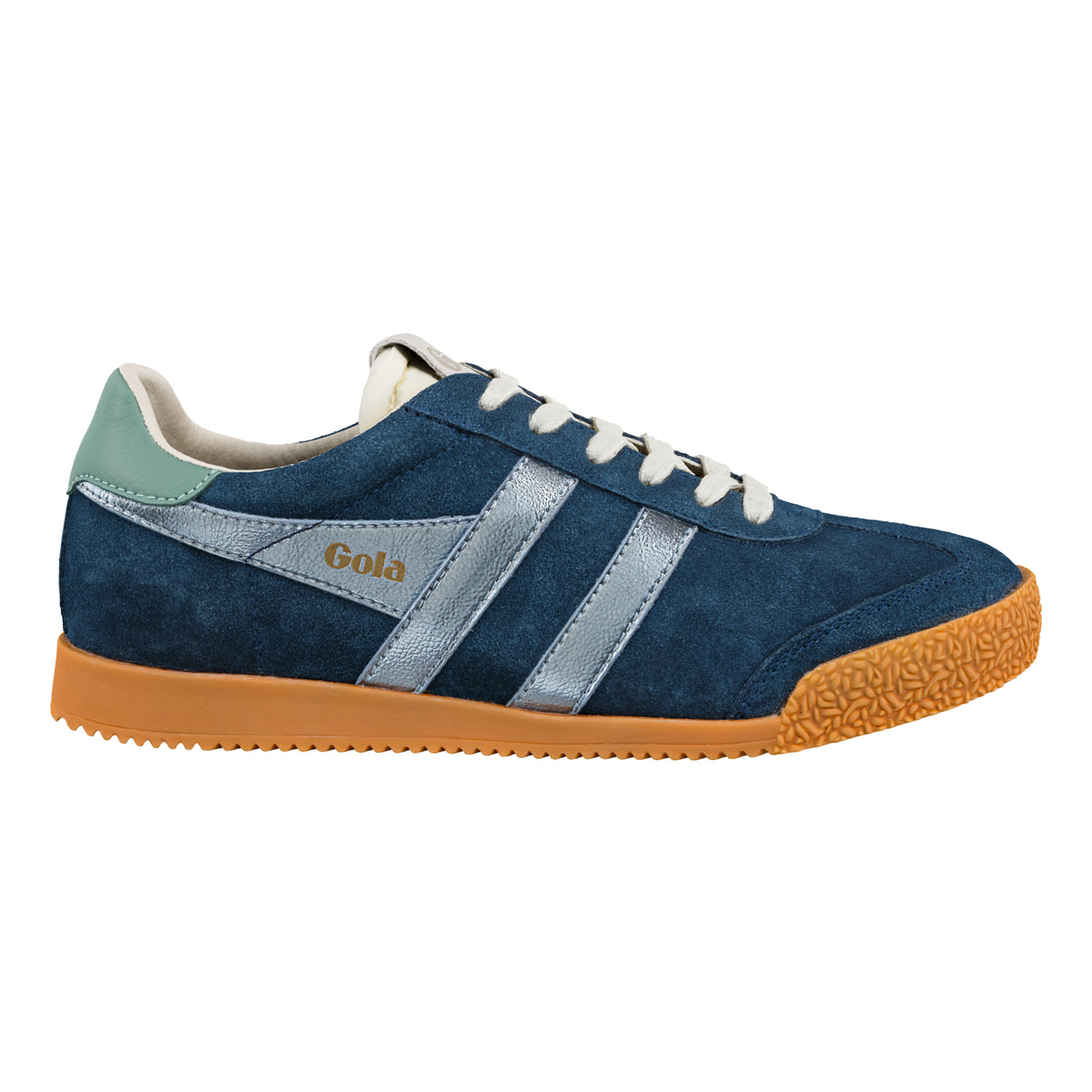 Gola Classics navy suede trainer with silver side stripes and gum sole