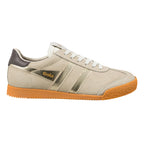 Gola Classics beige suede trainer with gold side stripes and gum rubber sole