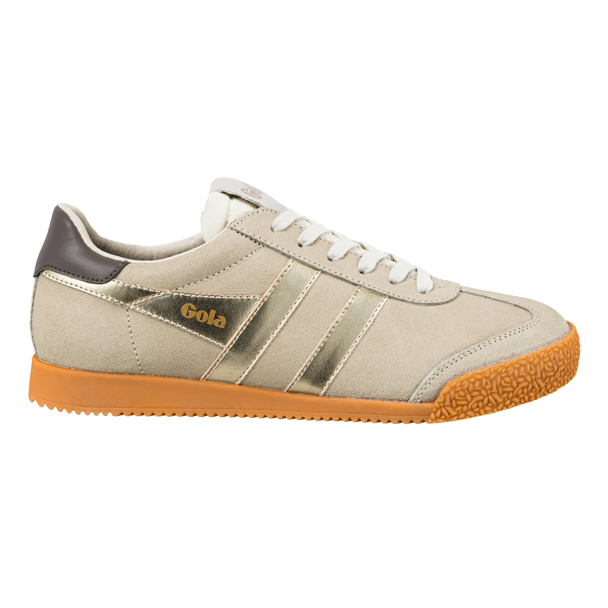Gola Classics beige suede trainer with gold side stripes and gum rubber sole