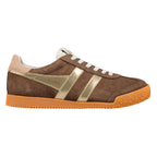Brown suede Gola trainer with gold side stripes and gum sole