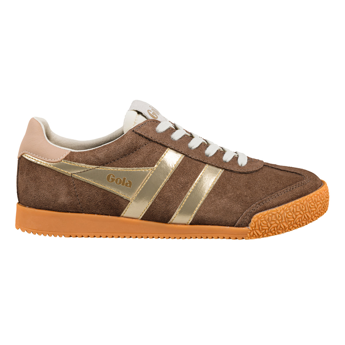 Gola Classics brown suede trainer with gold side stripes and gum rubber sole