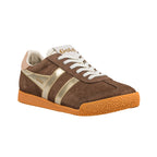 Brown suede Gola trainer with gold side stripes and gum sole