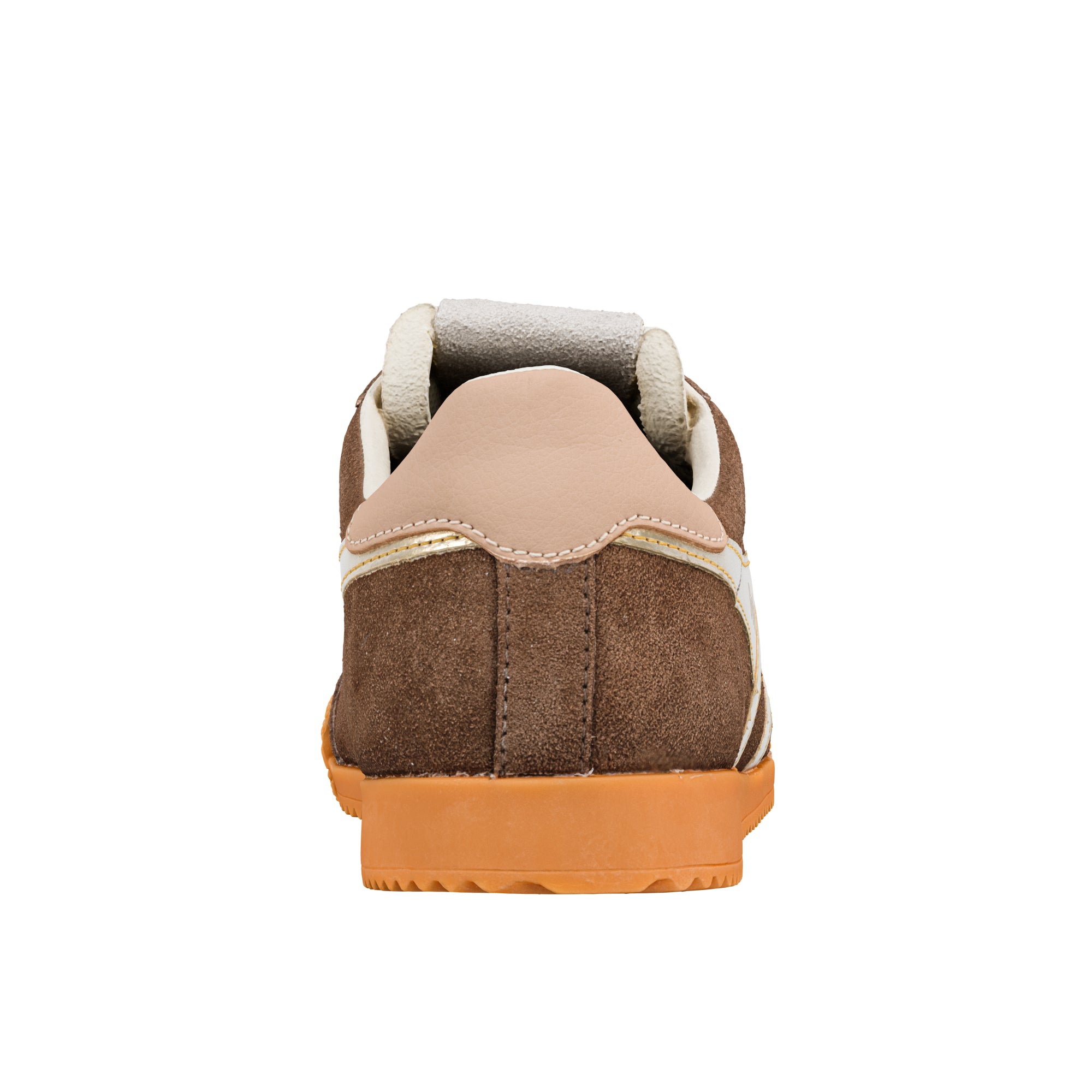 Rear view of a brown suede trainer with a tan heel tab and orange rubber sole