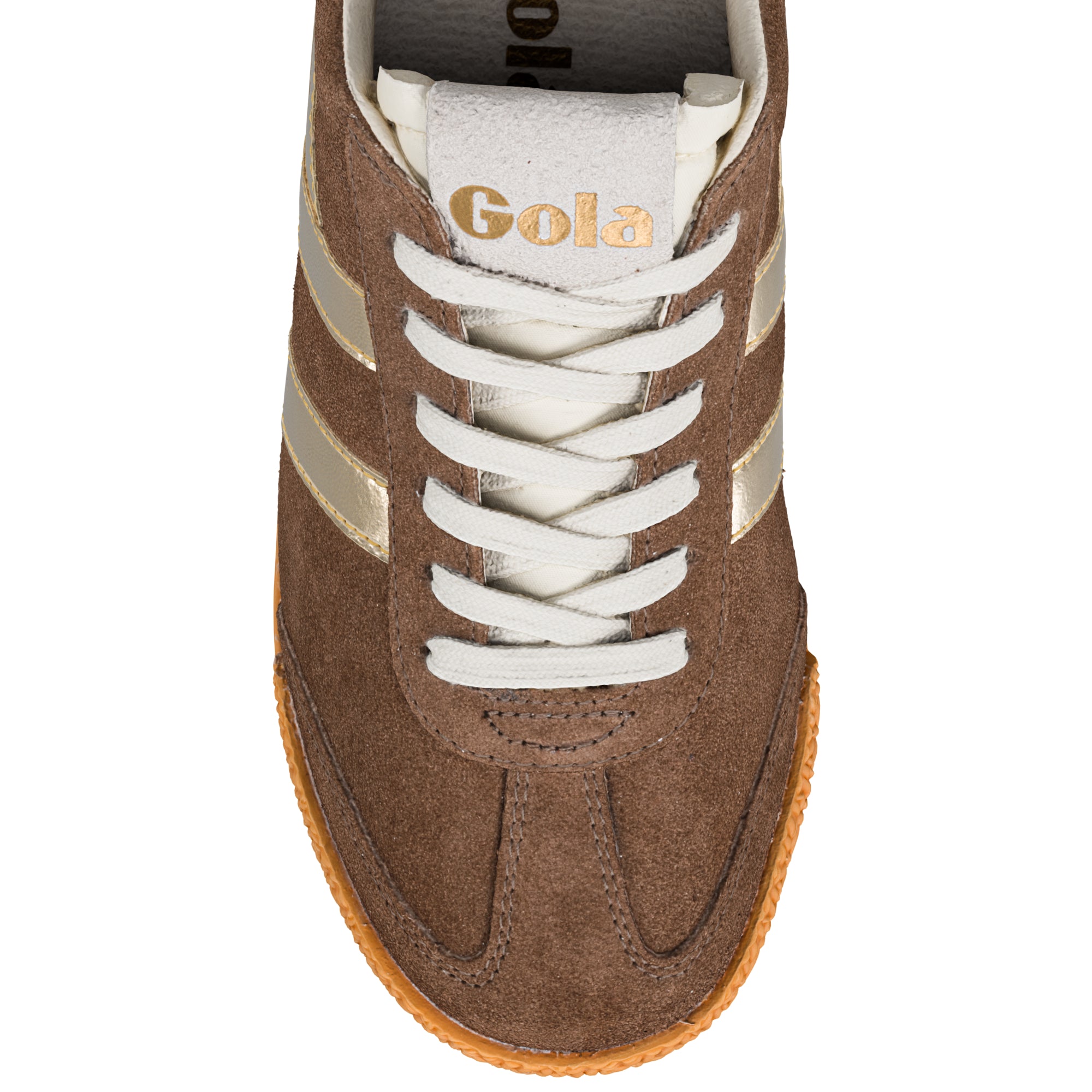 Brown suede Gola trainer with white laces and gold side stripes