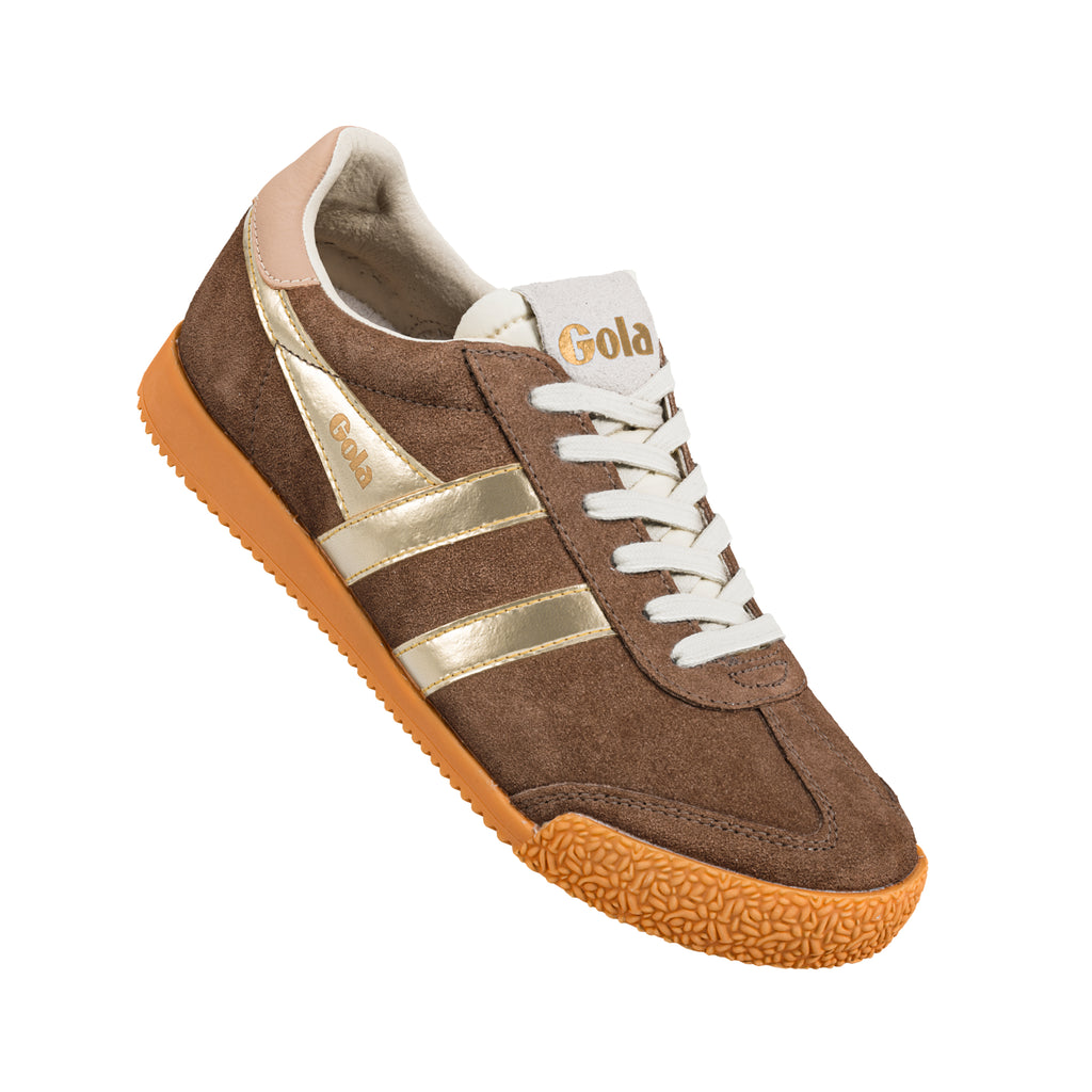 Brown suede Gola trainer with gold side stripes and gum sole