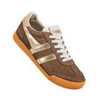 Brown suede Gola trainer with gold side stripes and gum sole