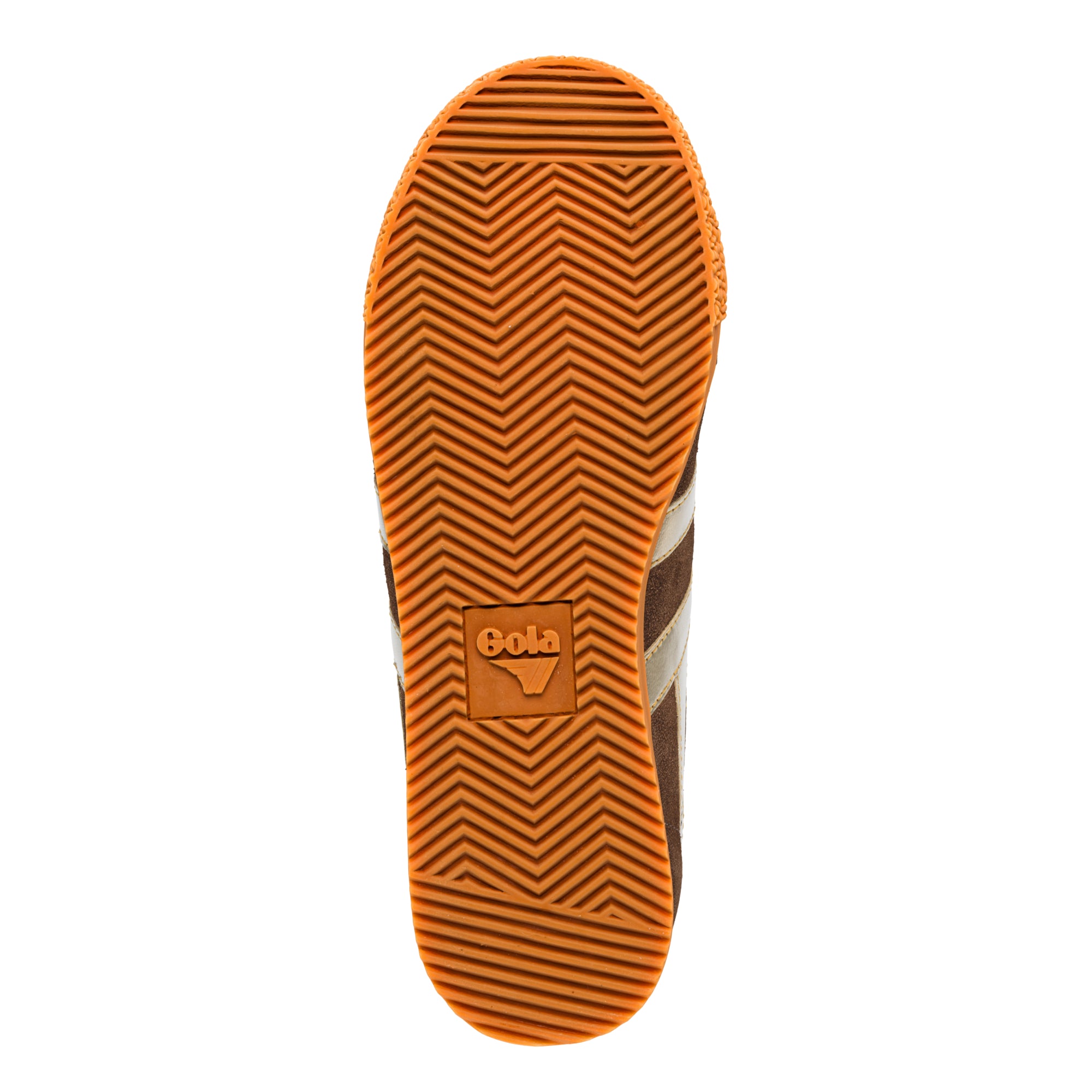 Orange rubber trainer sole with chevron tread pattern and Gola logo