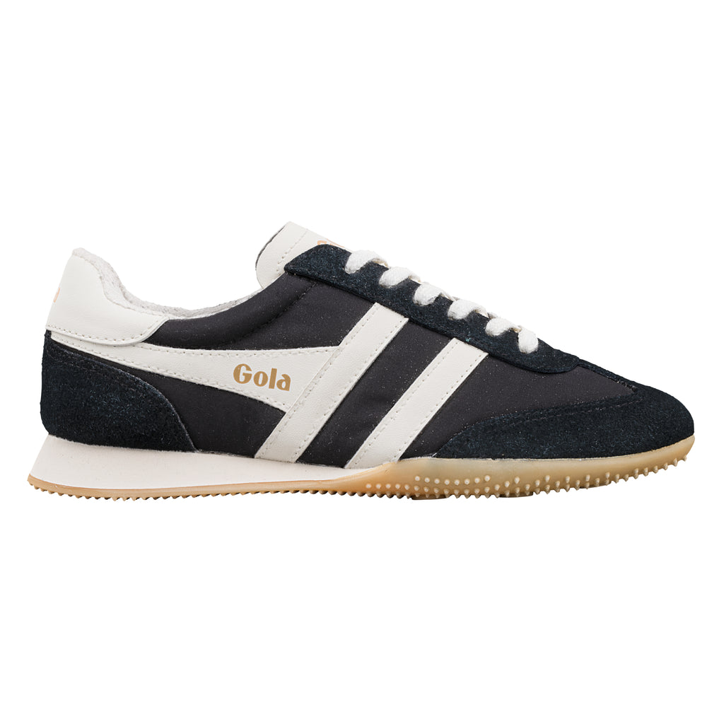 Gola Harrier trainer in black with white stripes and laces