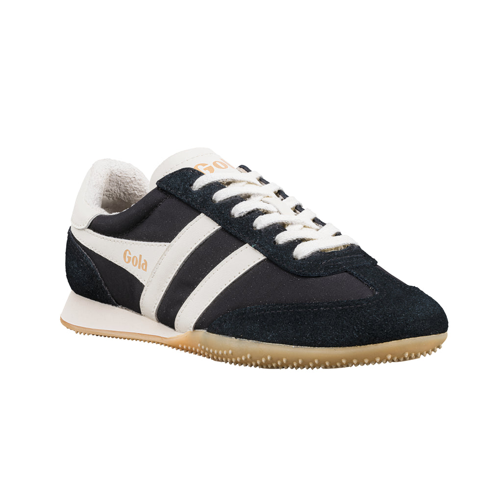 Gola Harrier trainer in black with white stripes and laces