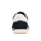 Rear view of a black and white Gola trainer with a tan sole
