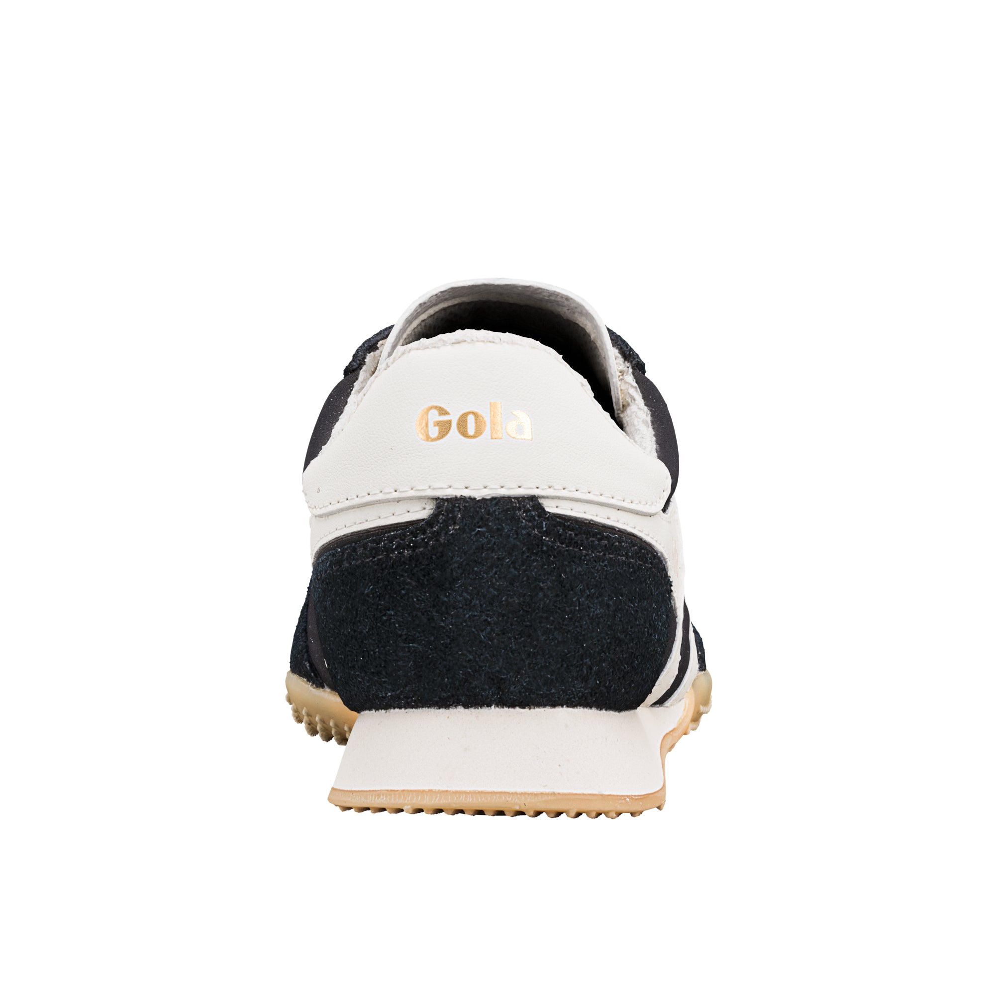 Rear view of a black and white Gola trainer with a tan sole