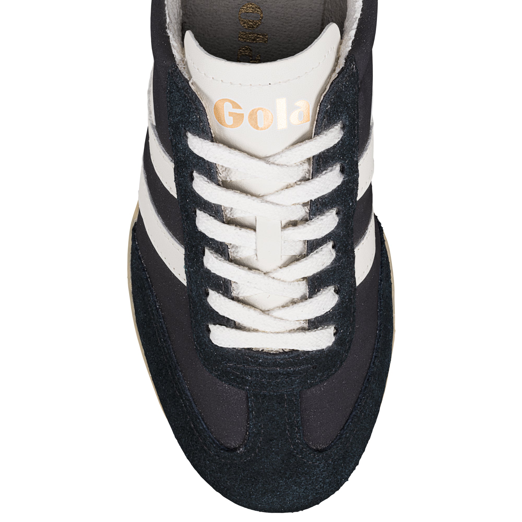 Close-up of a black Gola trainer with white laces and white stripes on the side