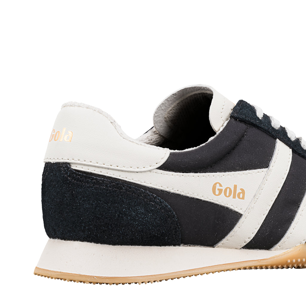 Close-up of the heel of a black and white Gola trainer with a gum sole