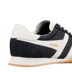 Close-up of the heel of a black and white Gola trainer with a gum sole