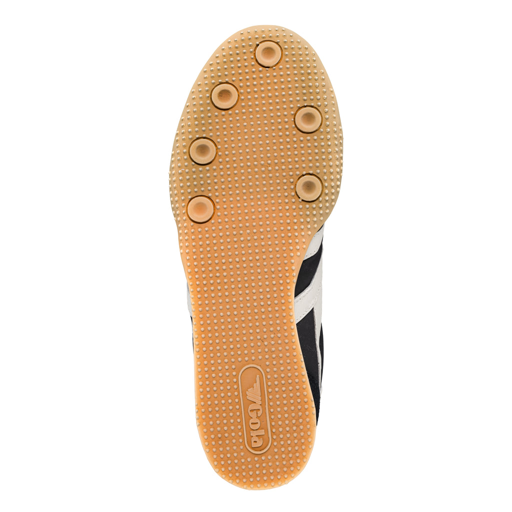 Underside of a black and white trainer with a tan sole and Gola branding
