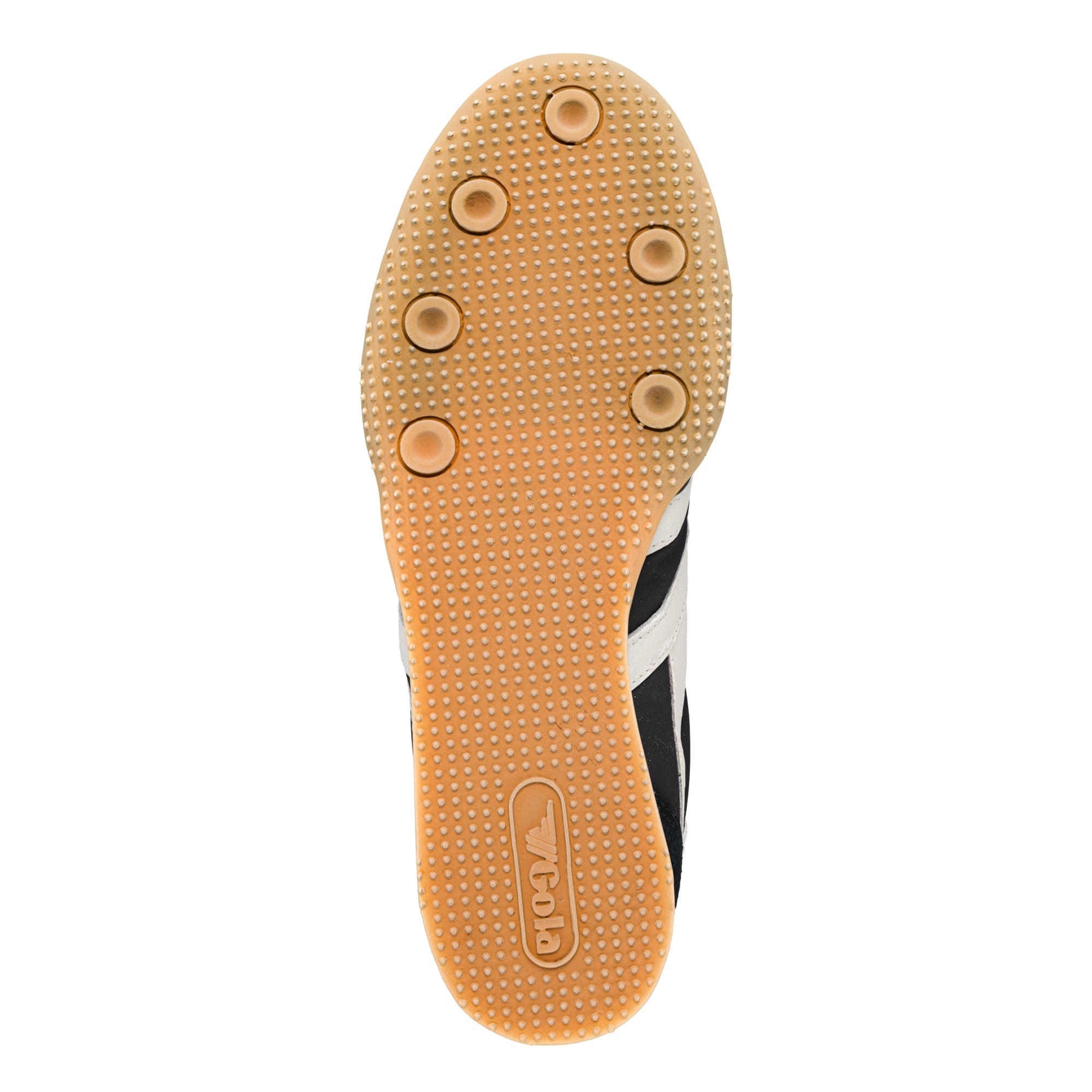 Underside of a black and white trainer with a tan sole and Gola branding