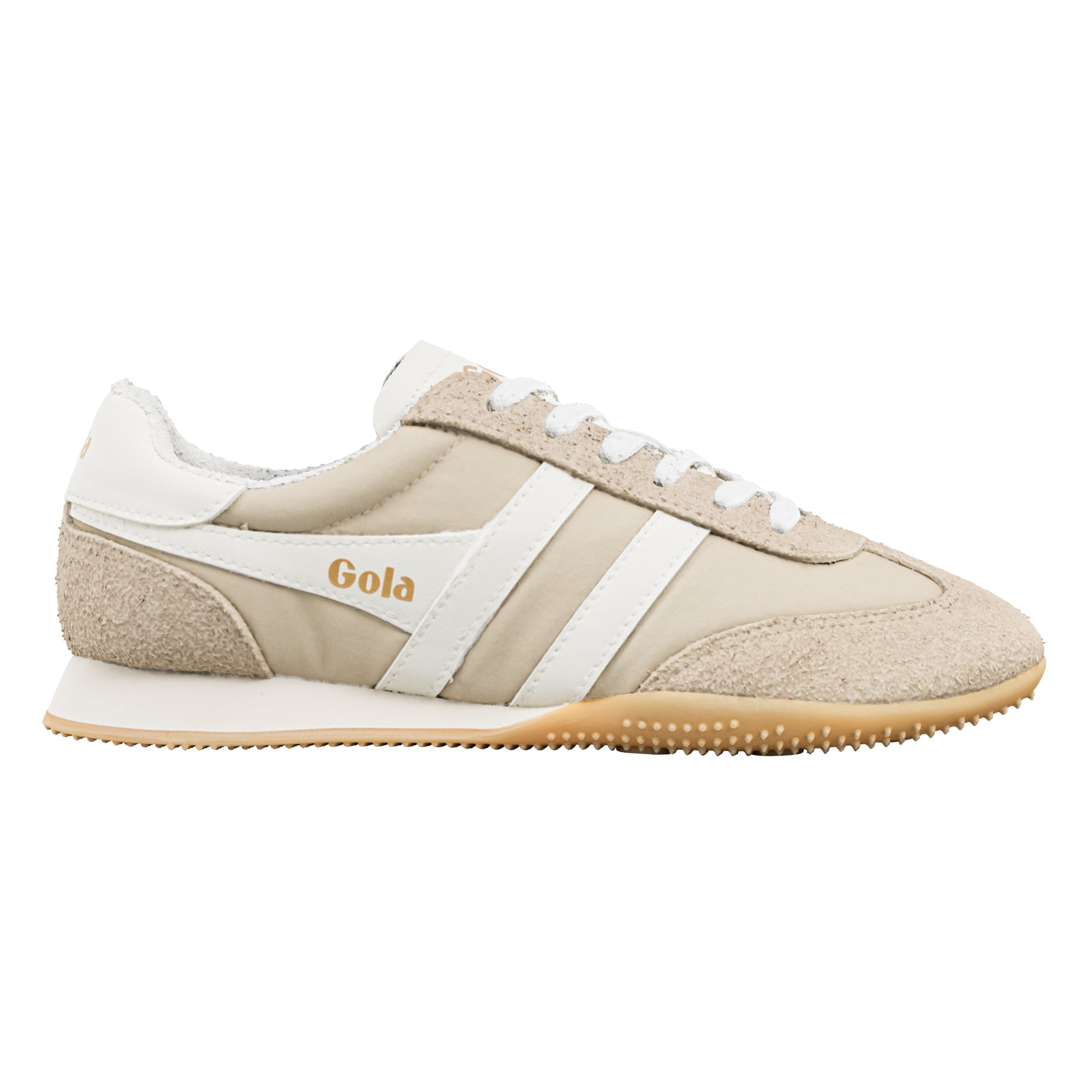 Gola Harrier trainer in off-white with white stripes and laces