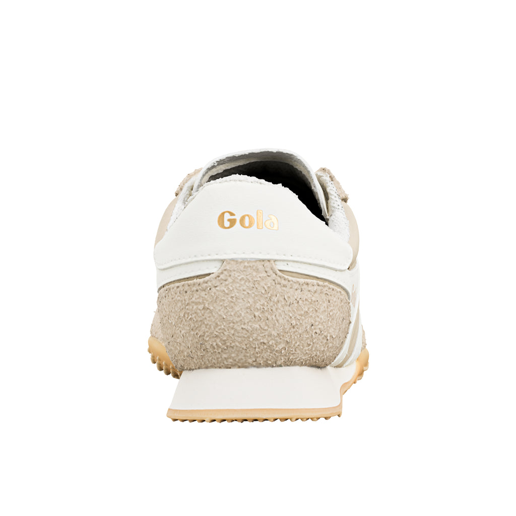 Rear view of a Gola trainer in white and beige with a gum sole
