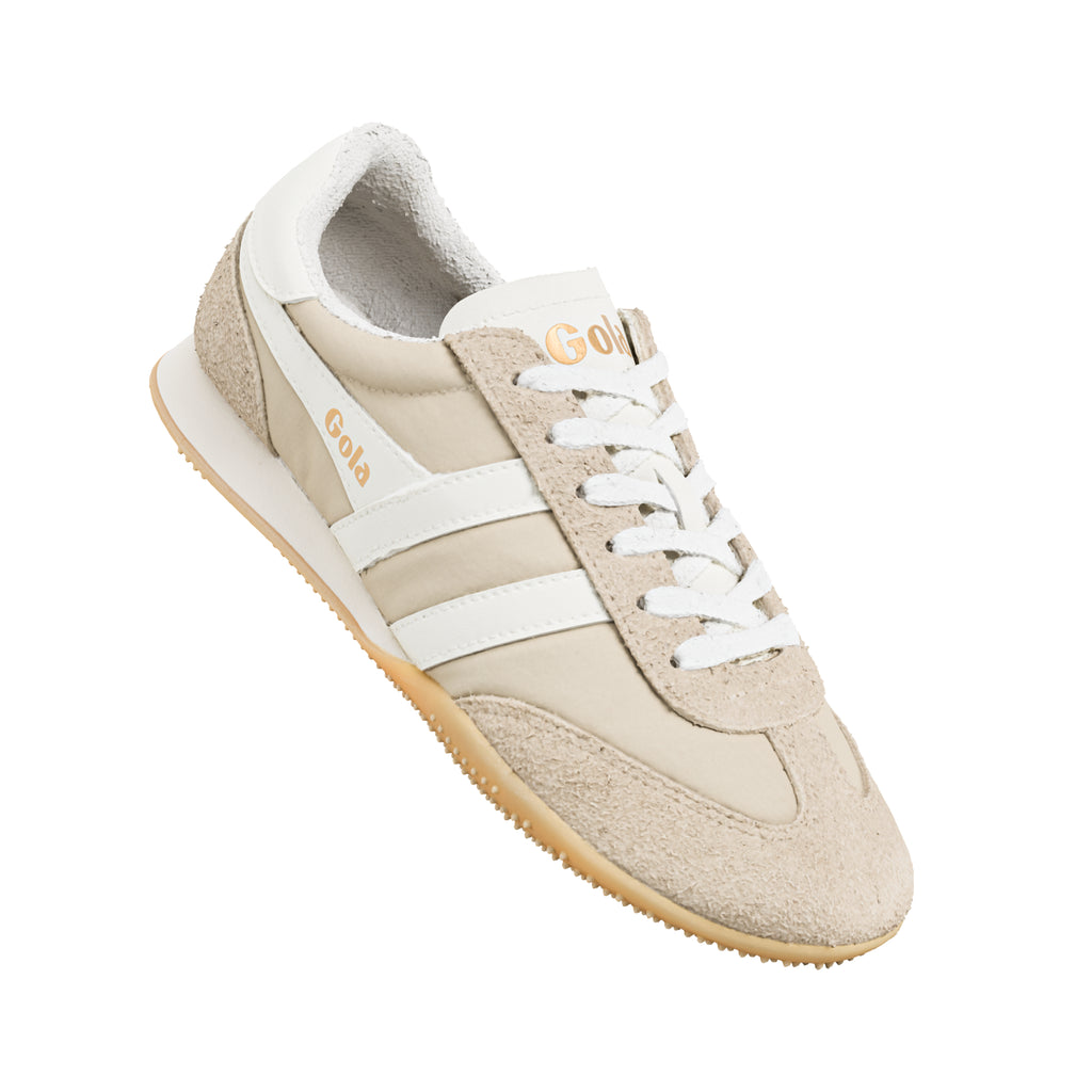 Gola Harrier trainer in off-white suede and canvas with white laces and side stripes