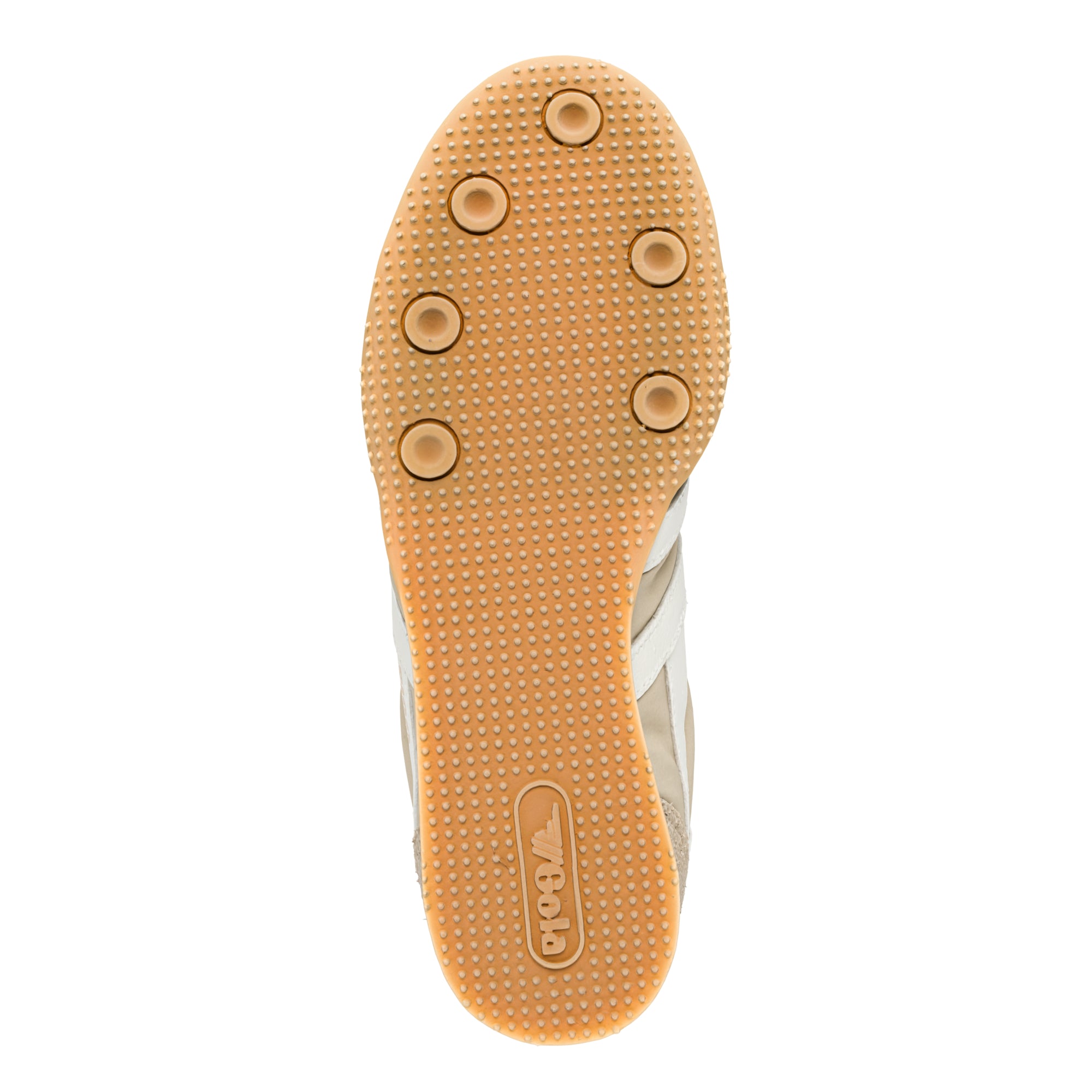 Underside of a beige trainer with a tan sole and Gola branding