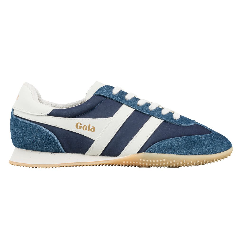 Navy blue and white Gola trainer with suede detailing and a gum rubber sole