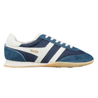 Navy blue and white Gola trainer with suede detailing and a gum rubber sole