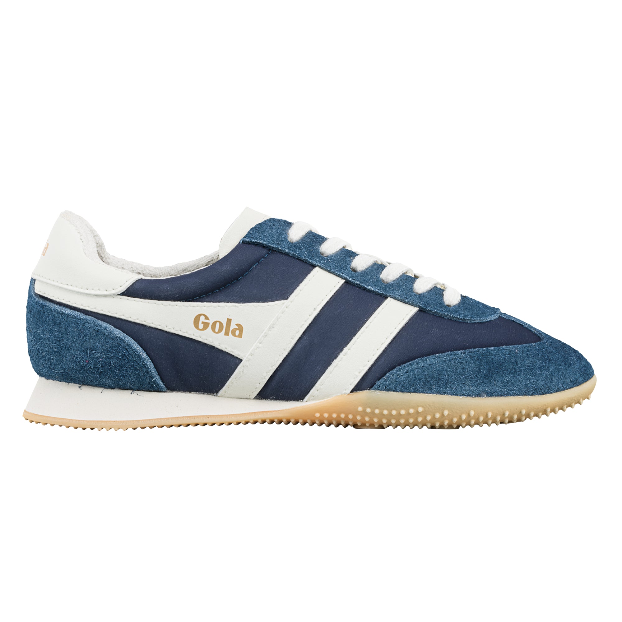 Navy blue and white Gola trainer with suede detailing and a gum rubber sole
