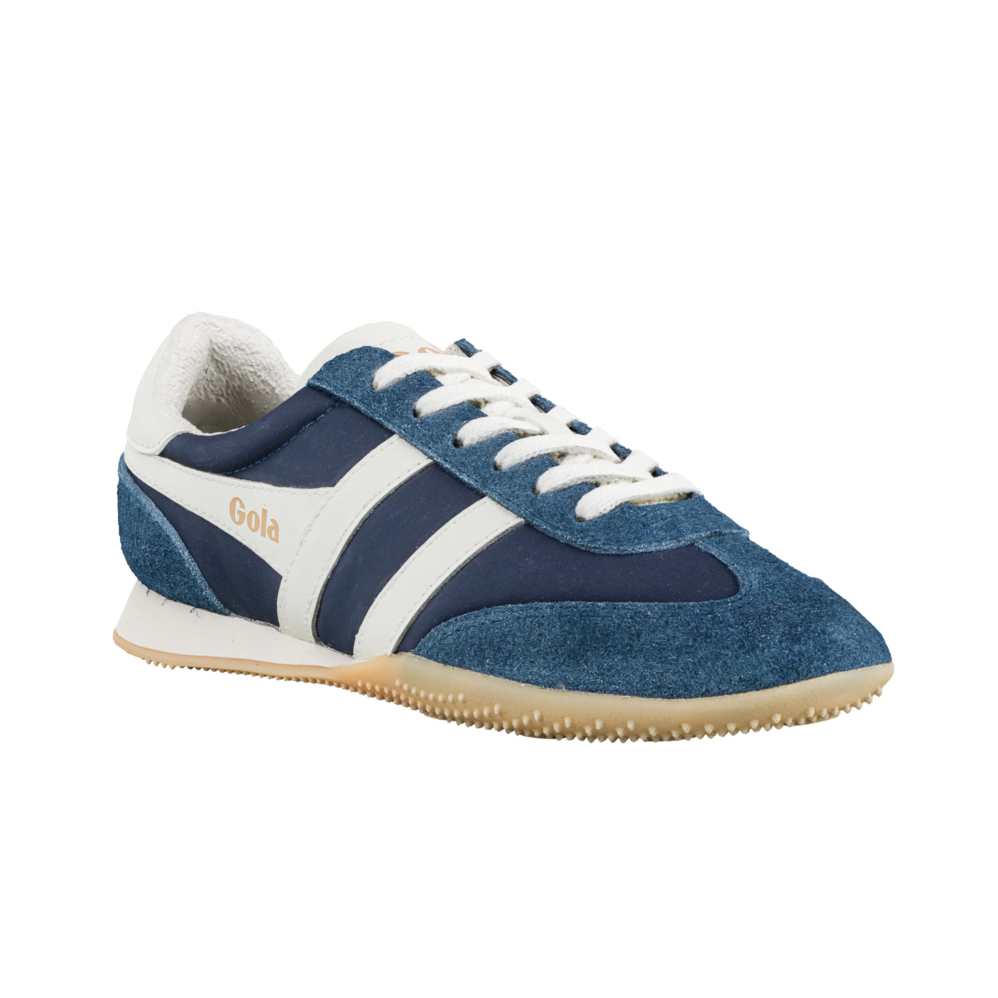 Navy and white Gola trainer with suede detailing and gum sole