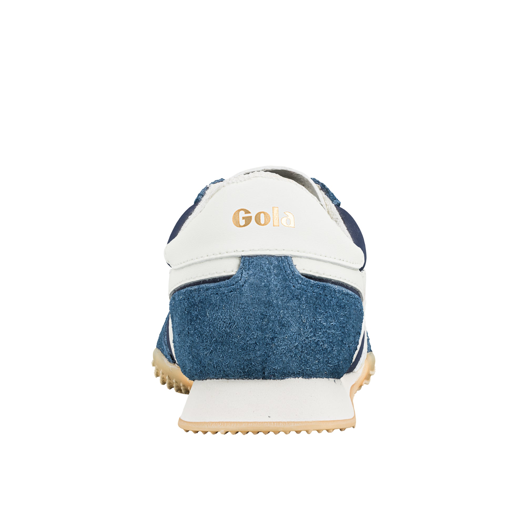 Rear view of a blue and white Gola trainer with a gum sole