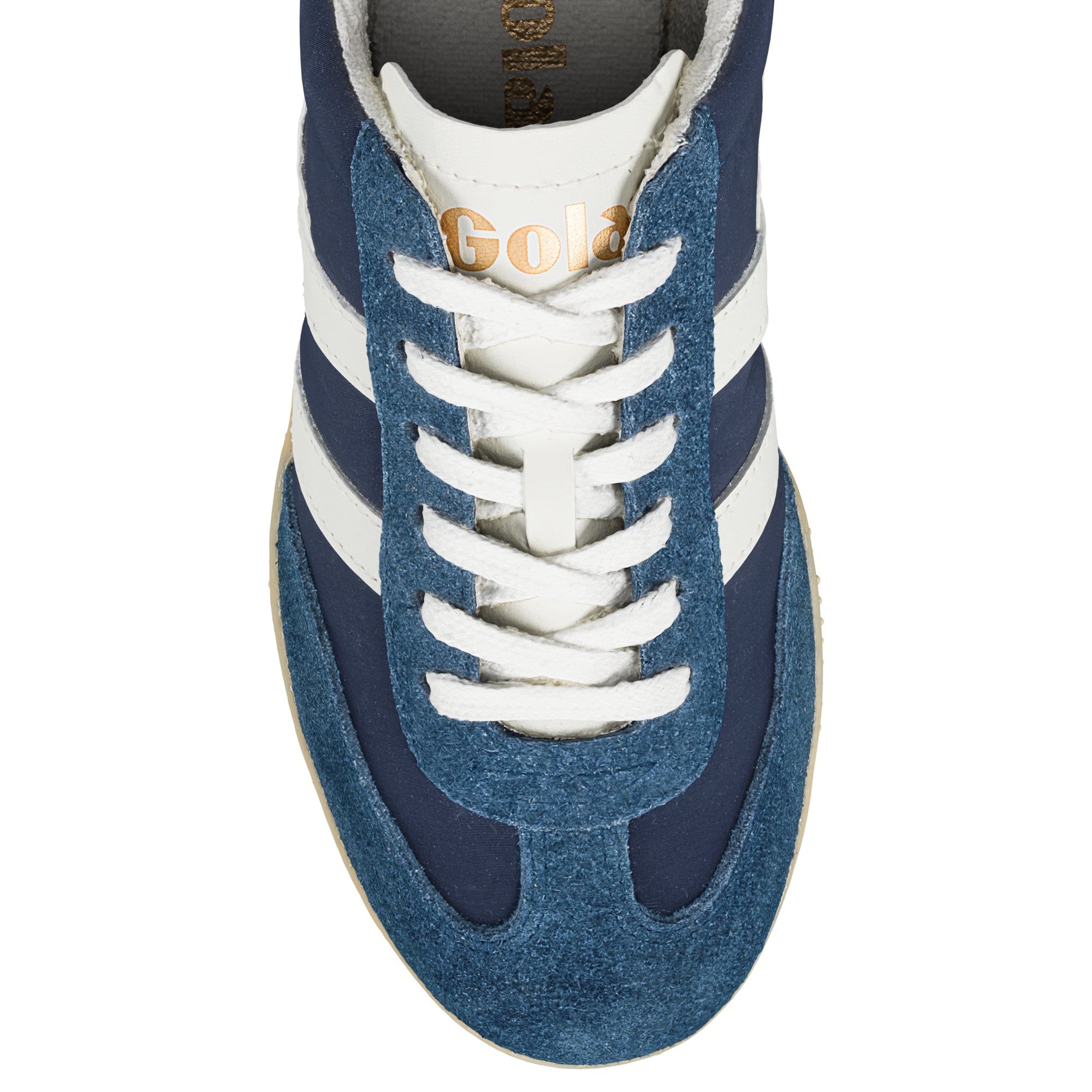 Top view of a navy blue and suede Gola trainer with white laces
