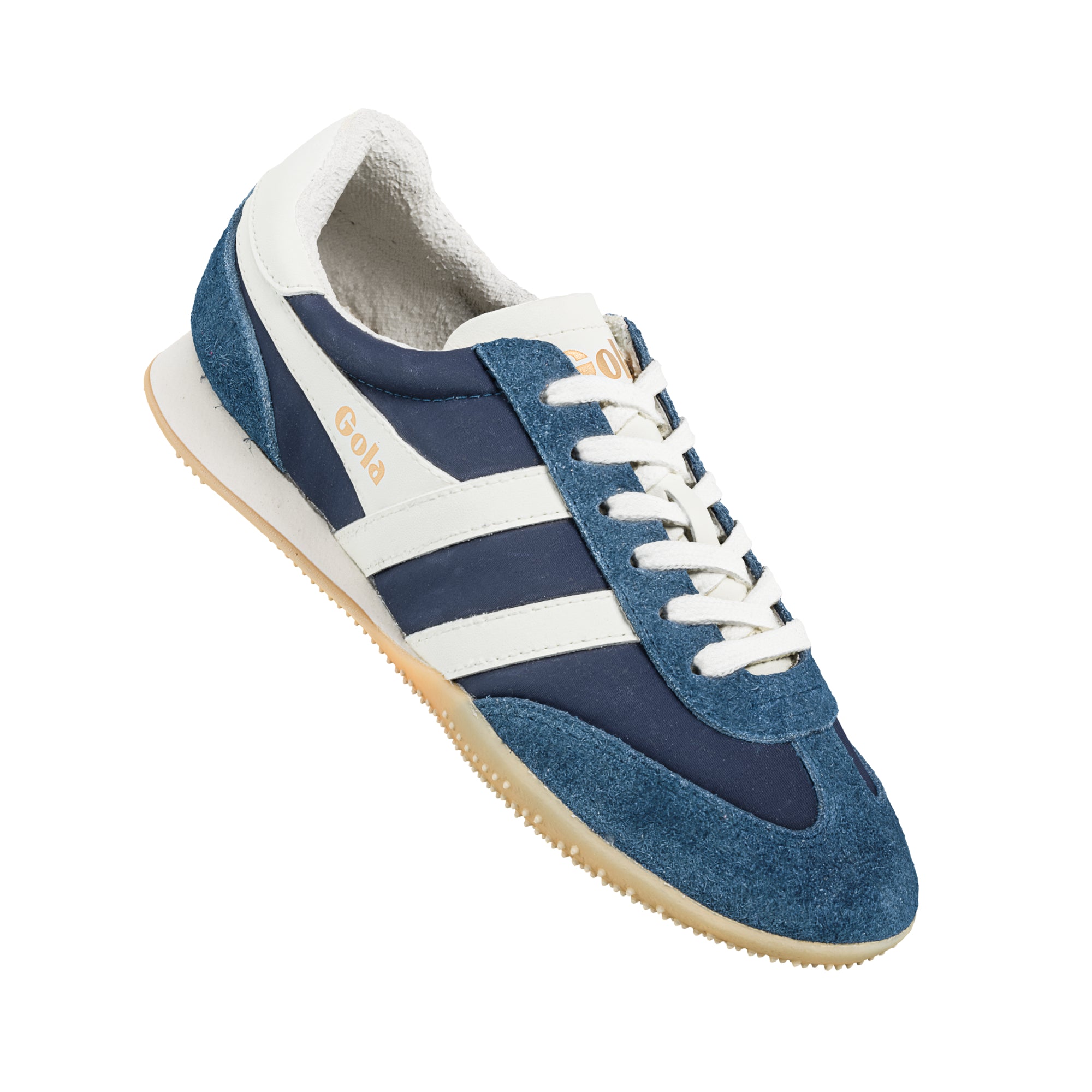 Navy blue and white Gola trainer with suede detailing and gum sole