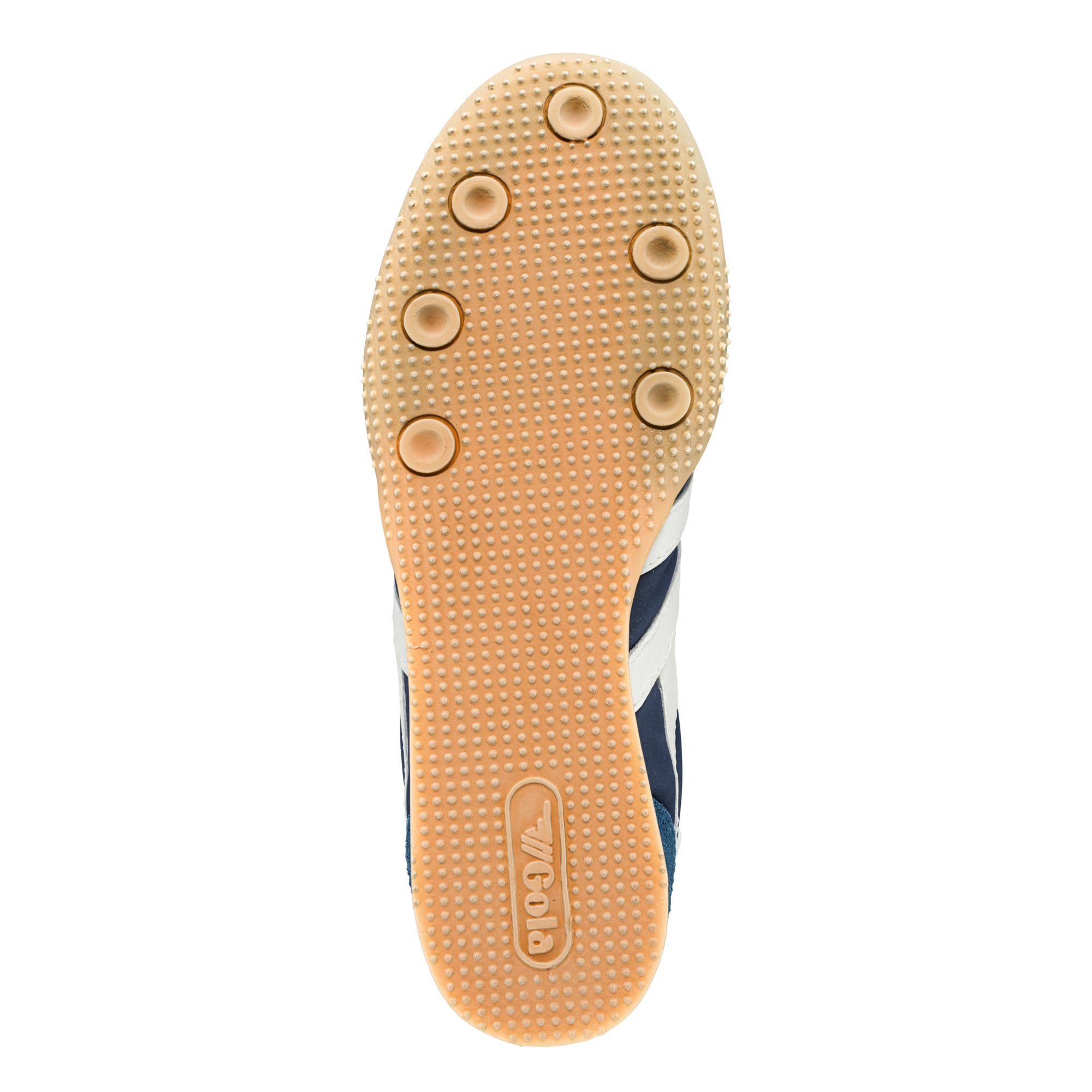 Gum rubber sole of a trainer with circular grip pattern and Gola branding