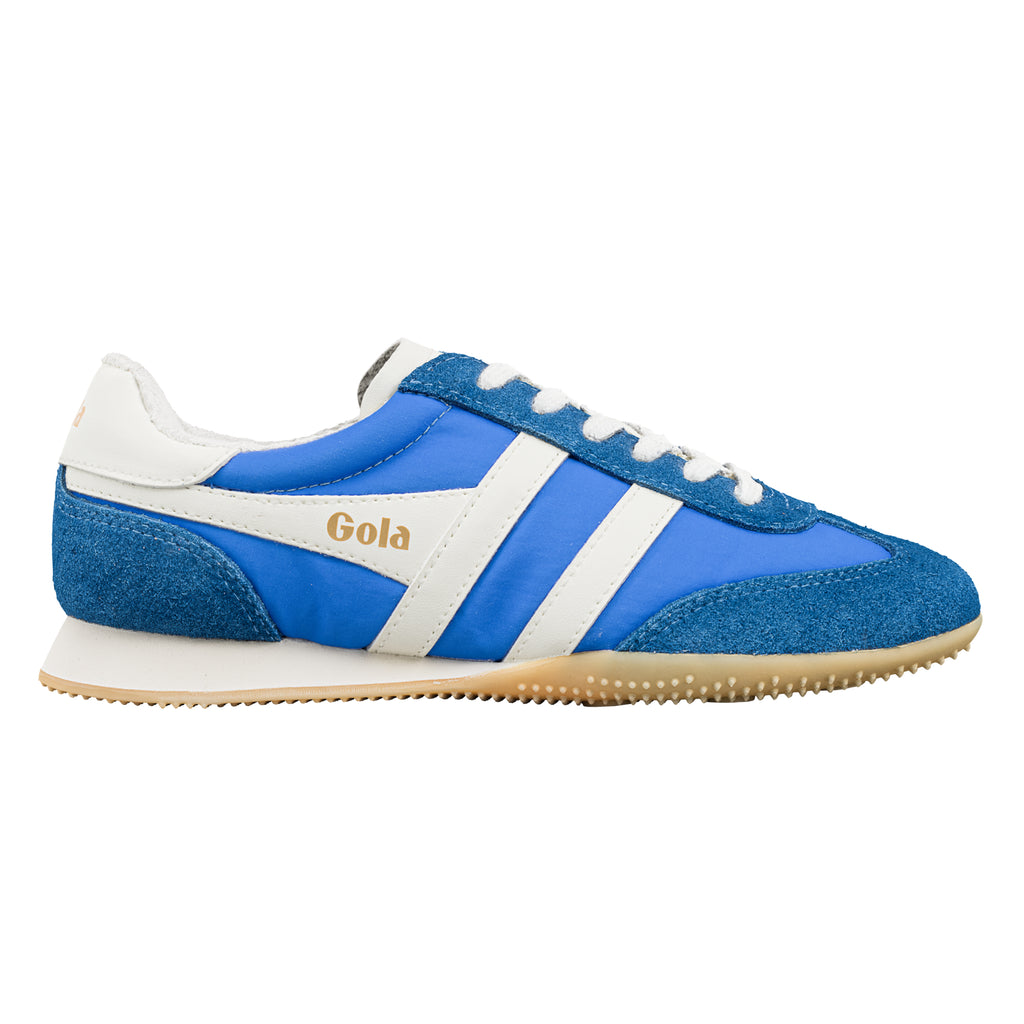 Blue and white Gola trainer with a suede toe and heel, and a white sole