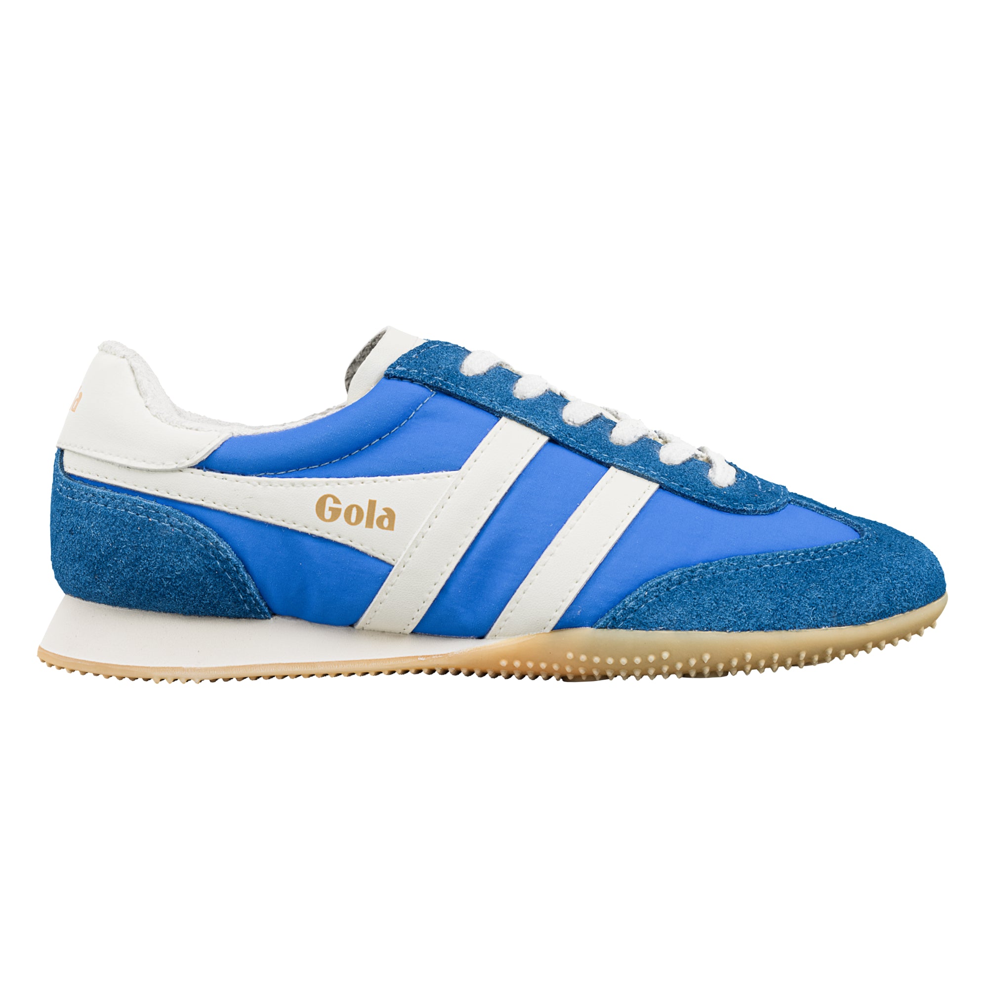 Blue and white Gola trainer with a suede toe and heel, and a white sole