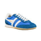 Gola Harrier trainer in blue suede and nylon with white stripes and laces