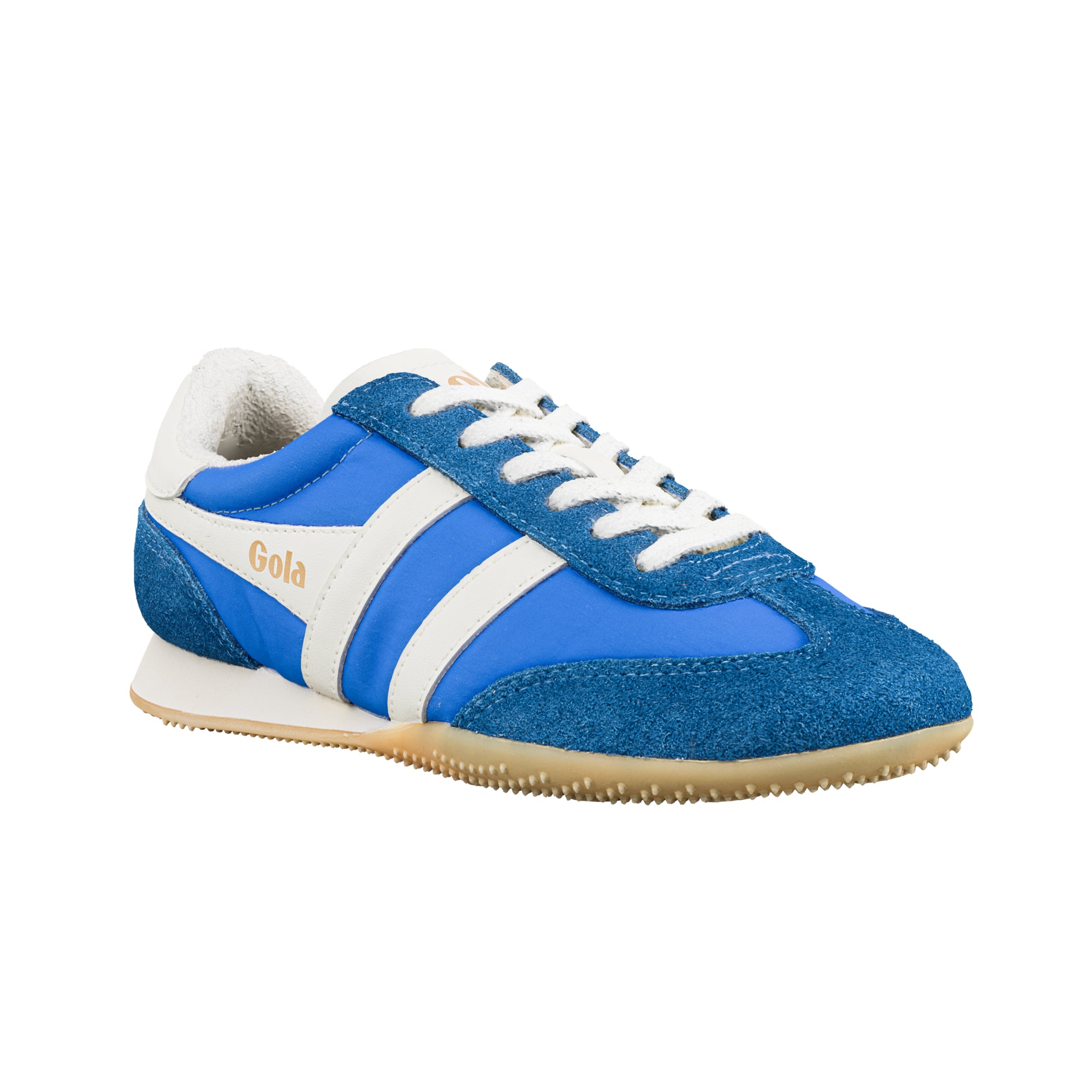 Gola Harrier trainer in blue suede and nylon with white stripes and laces