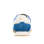 Rear view of a blue and white Gola trainer with a tan sole