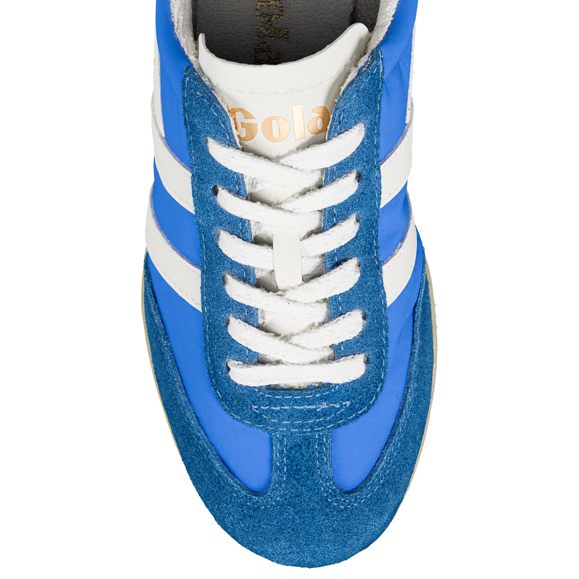 Close up of the front of a Gola trainer in blue with white laces and white stripes