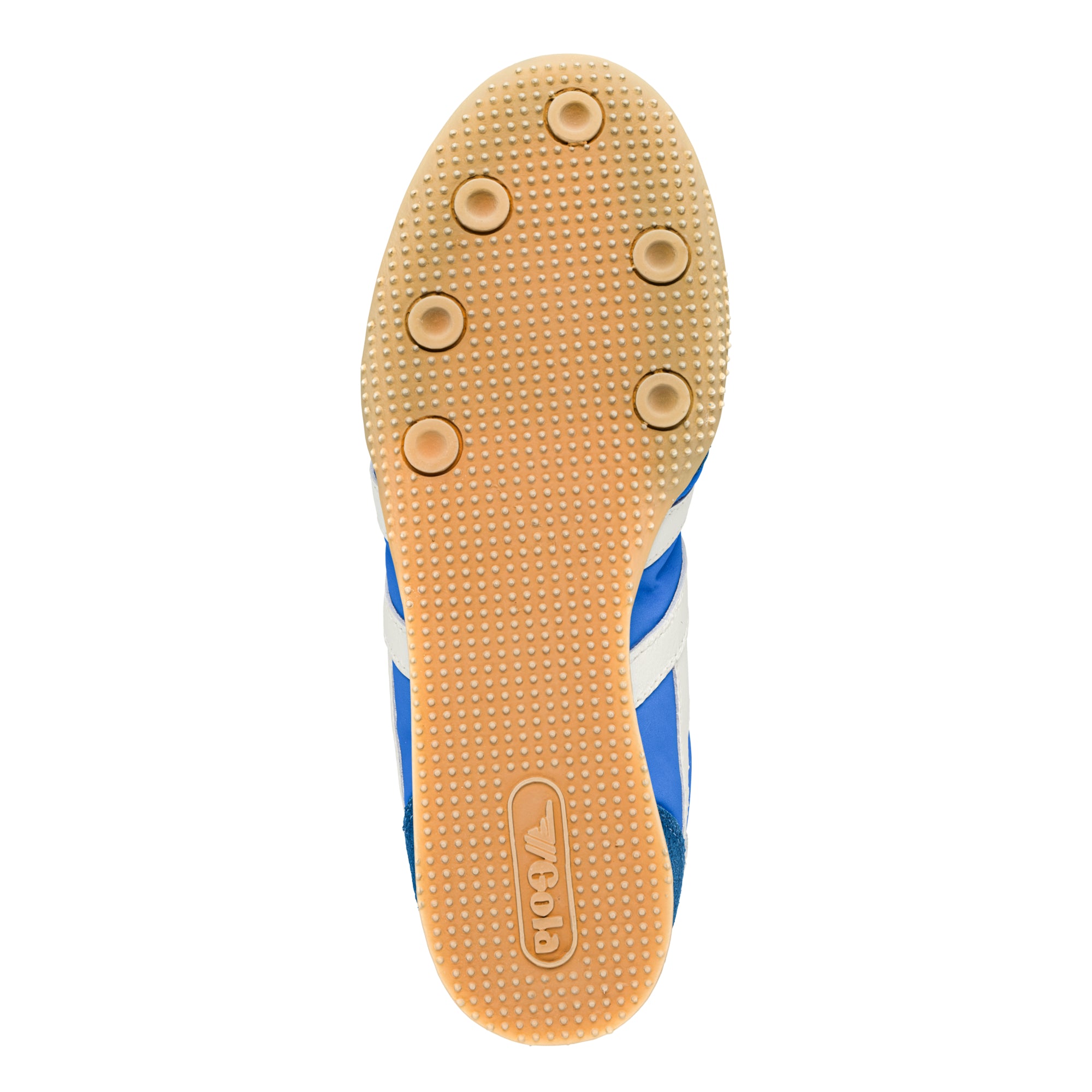 Underside of a blue and white Gola trainer with a beige sole and six circular grips