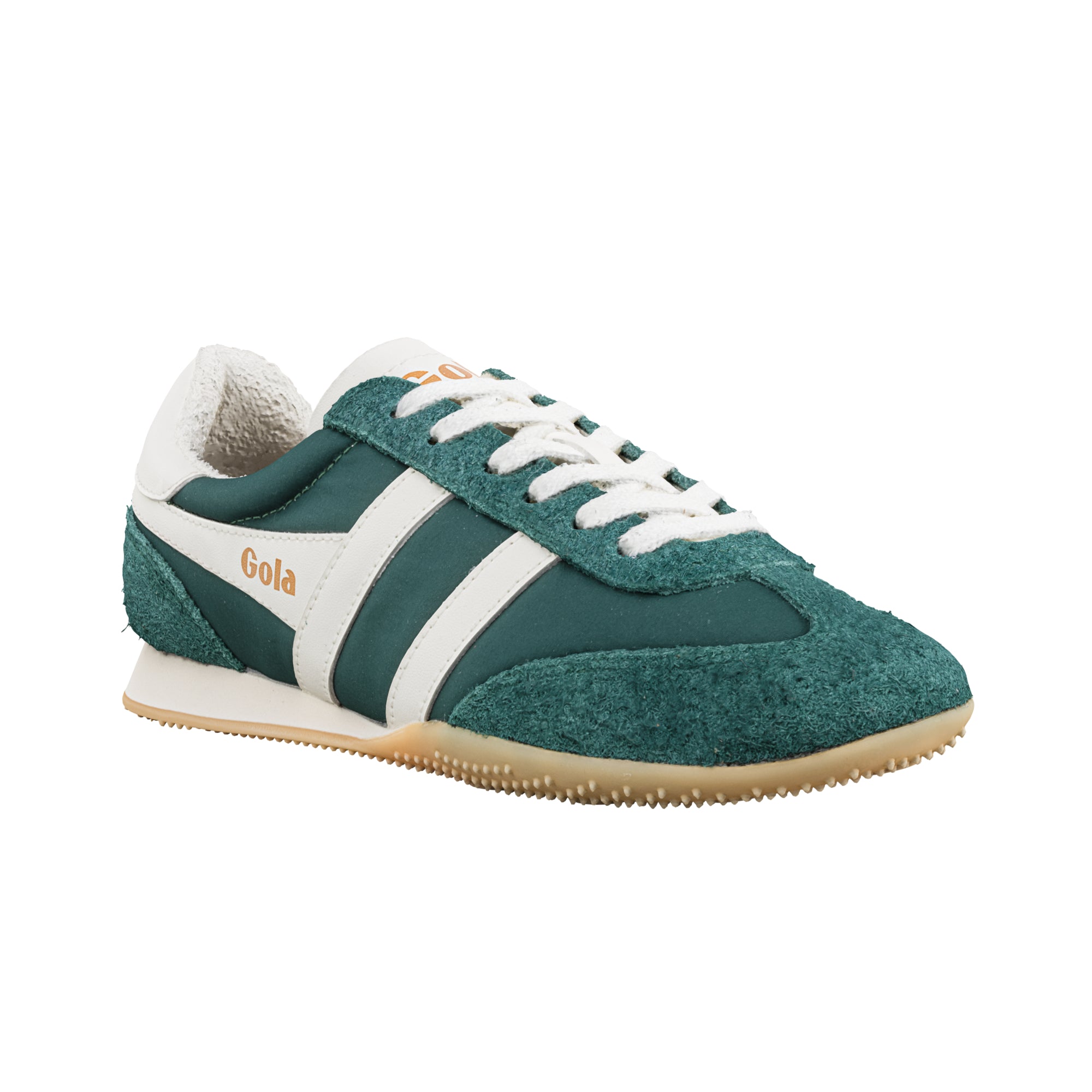 Dark green and white Gola trainer with suede detailing and gum sole